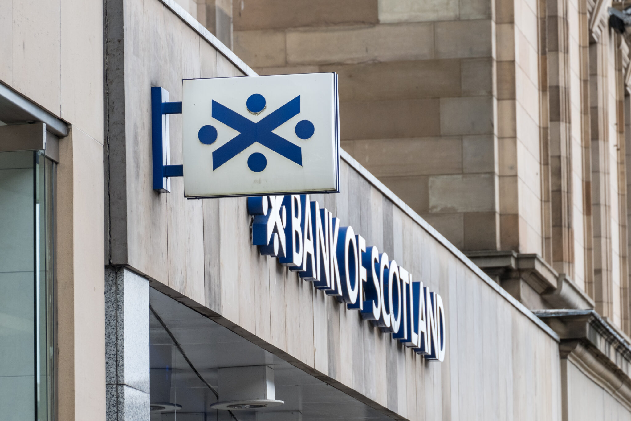 Bank of Scotland, Logo from exterior building on George Street. It is a commercial and clearing bank based in Edinburgh, Scotland.